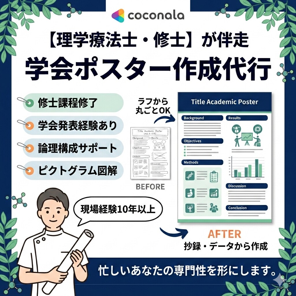 学会ポスター作成｜論理構成と見やすさを両立させます 論理的な構成と見やすいデザインで、あなたの発表をバックアップ イメージ1