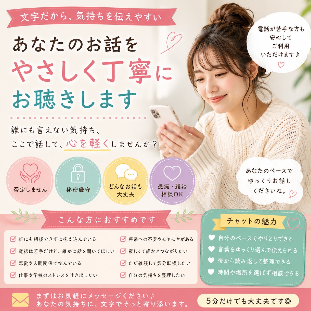 電話が苦手な方へ愚痴・雑談・相談何でもお聞きします あなたの気持ちに、文字でそっと寄り添います イメージ1