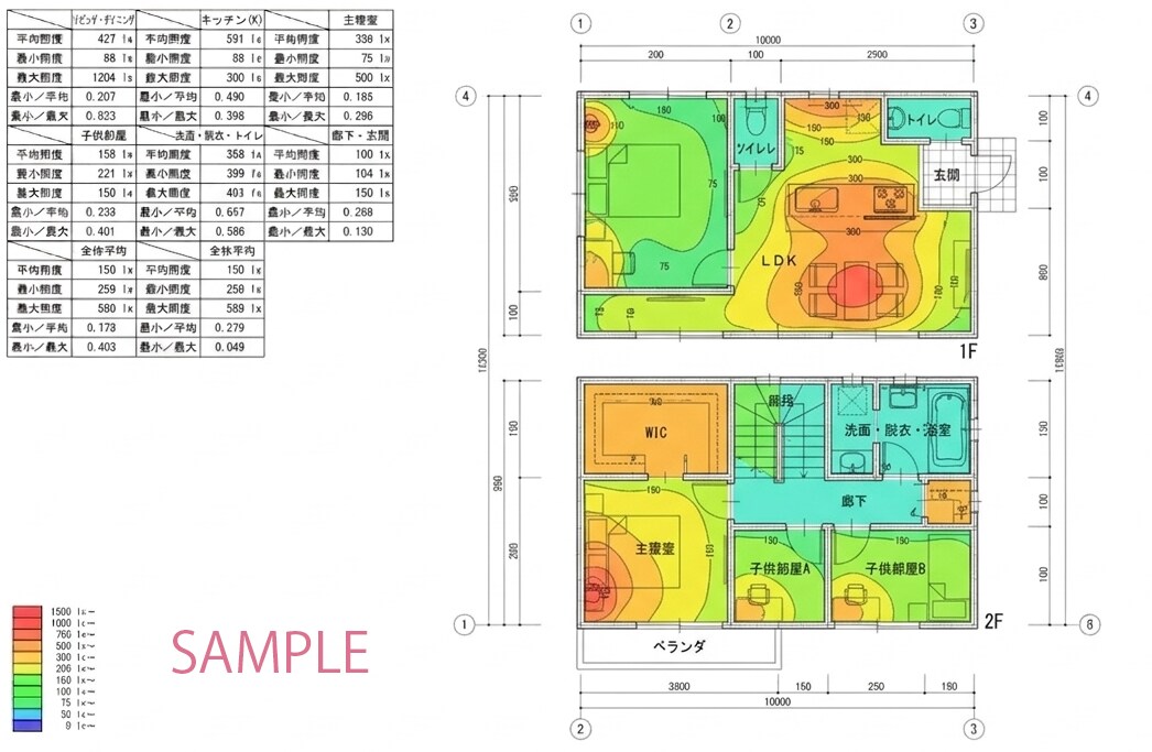 照度計算図面(照度分布図)を作成します その部屋の照度足りてますか?明るすぎる・暗すぎるを事前に確認 イメージ2
