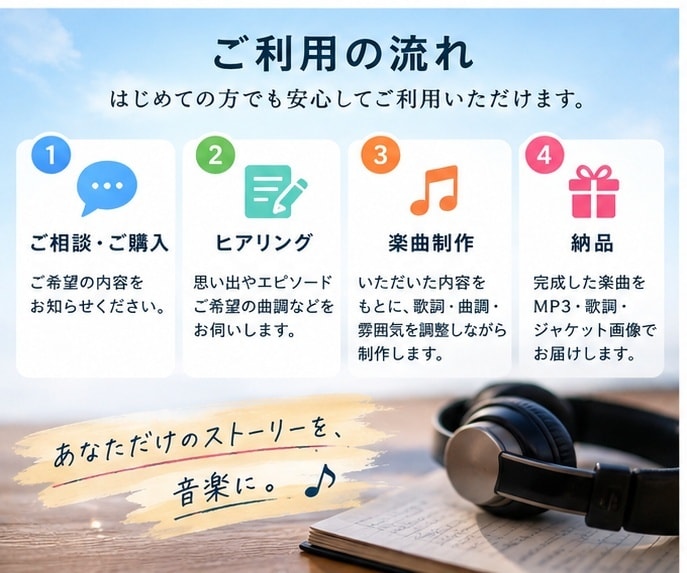 思い出を歌にするオリジナルソングを制作します 恋人・家族・友達への贈り物に。歌詞・音源・ジャケット付き イメージ3