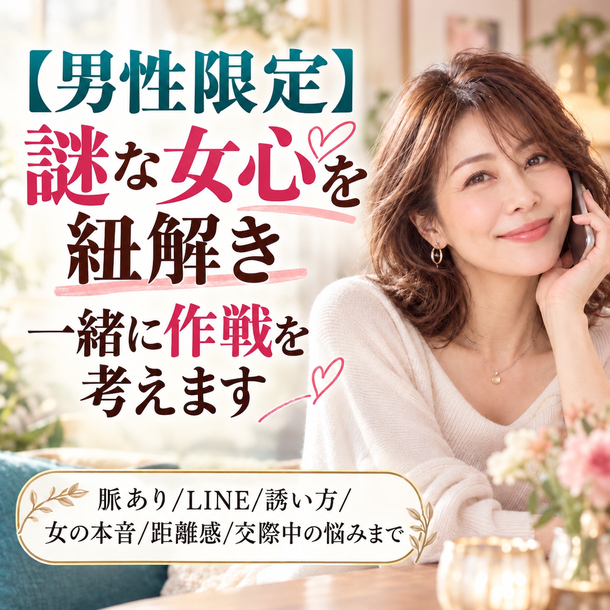 男性限定｜謎な女心を紐解き一緒に作戦を考えます 脈あり/LINE/誘い方/女の本音/距離感/交際中の悩みまで イメージ1