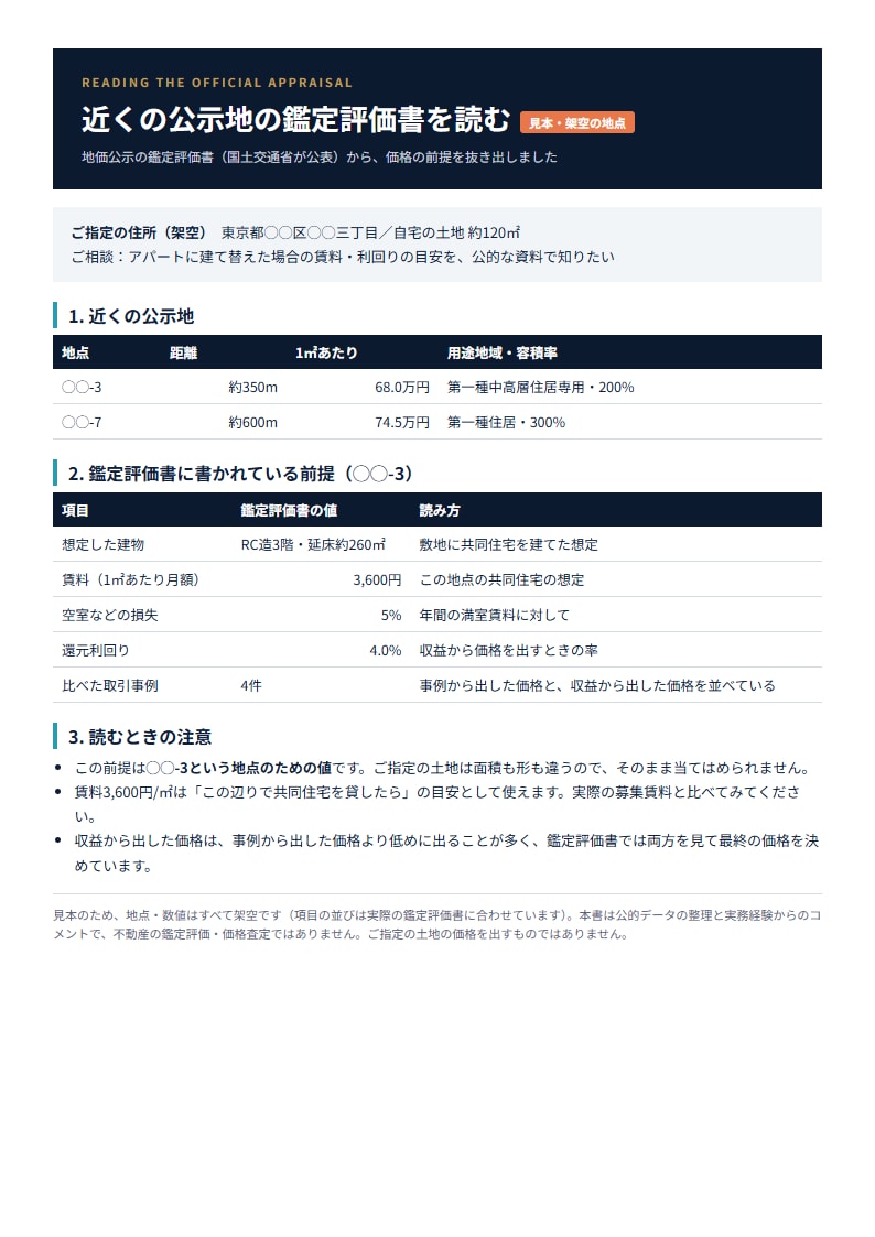 近くの公示地の鑑定評価書を読み解いて書面にします 国が公表した賃料・利回りの前提を、あなたの土地と並べる イメージ2