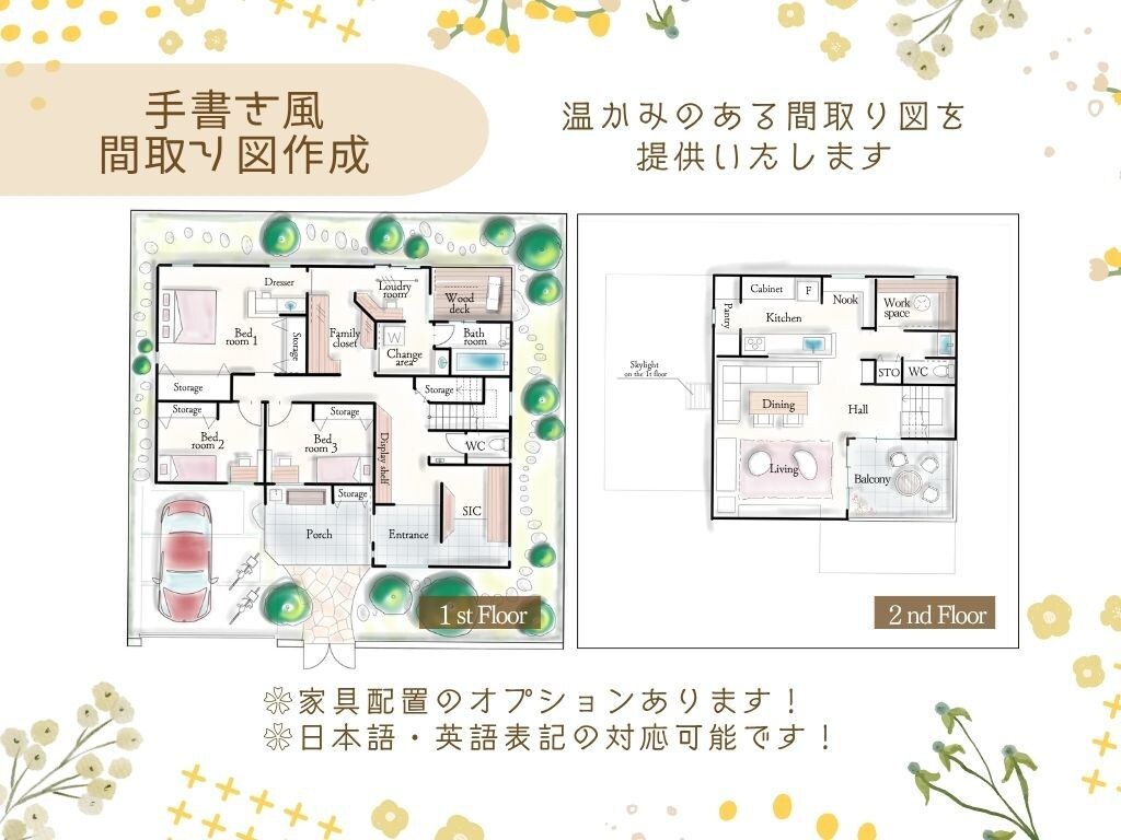 柔らかく温かみのある手書き風の間取り図を作成します 戸建て・マンションなどの広告やWebにもご活用ください。 イメージ1