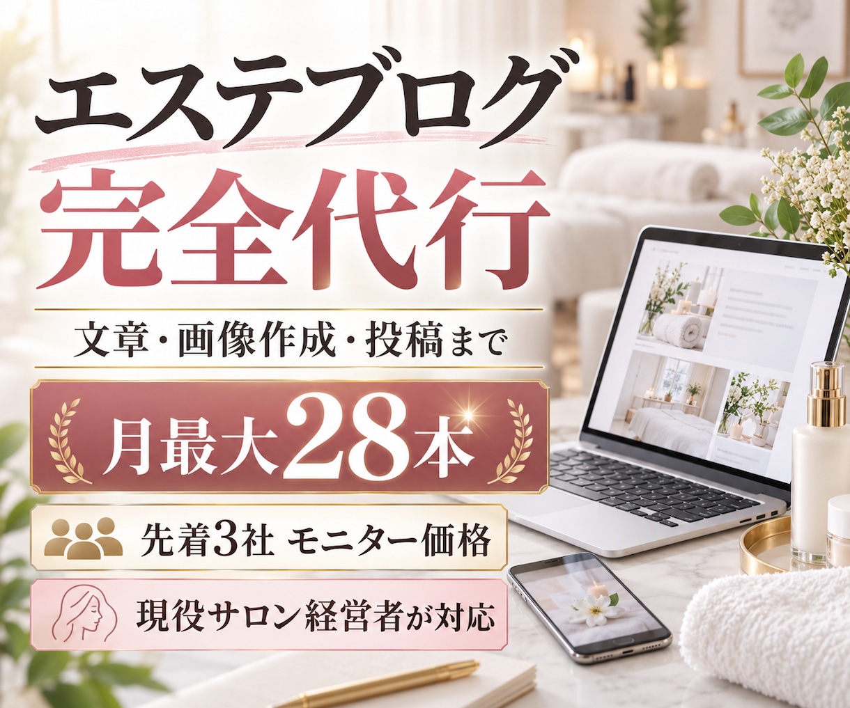 現役経営者がエステブログを月最大28本投稿します 現役目線で集客につながる記事と画像を制作します イメージ1