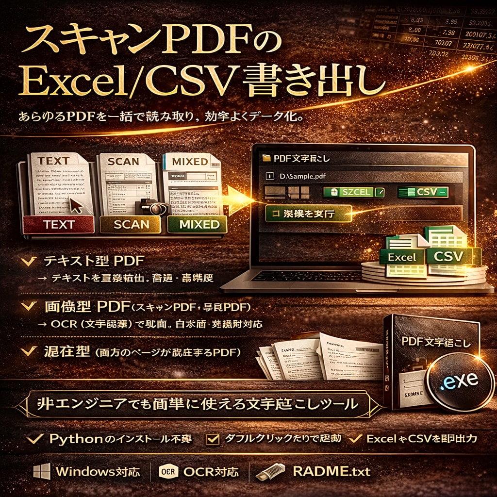 スキャンPDFのExcel/CSV書き出します テキスト型・画像型を自動判定。exe単体で動作 イメージ1
