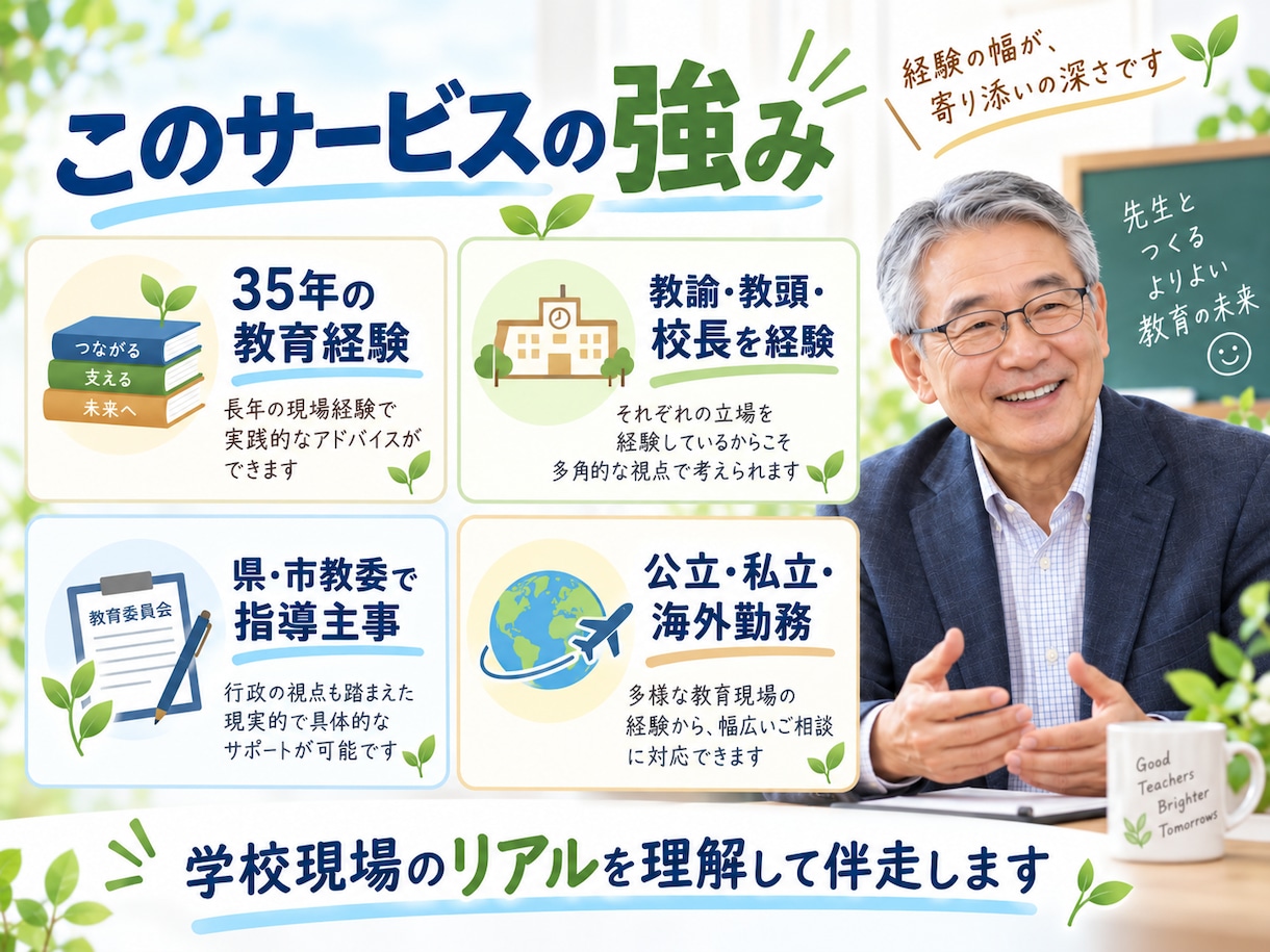 元校長が、先生の人に言えない悩みに寄り添います 悩みを言語化し、明るい未来を描くことで気分を軽くします。 イメージ2