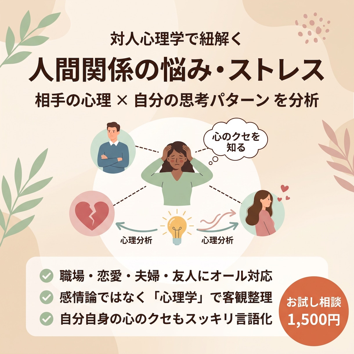 心理学で紐解く！人間関係の悩みとストレス整理します 対人心理学の視点から、相手の本音と最適な距離感を導きます イメージ1