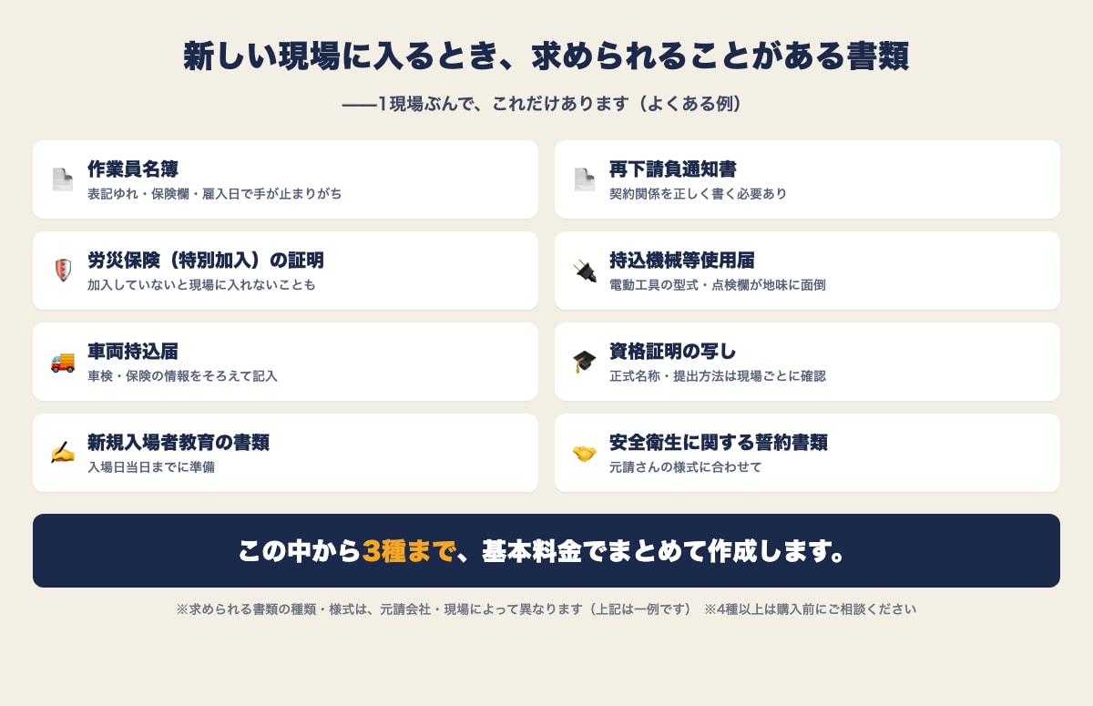 新規入場の安全書類を3種までまとめて作成します 入場前の書類を、まとめて入力・整形します イメージ2
