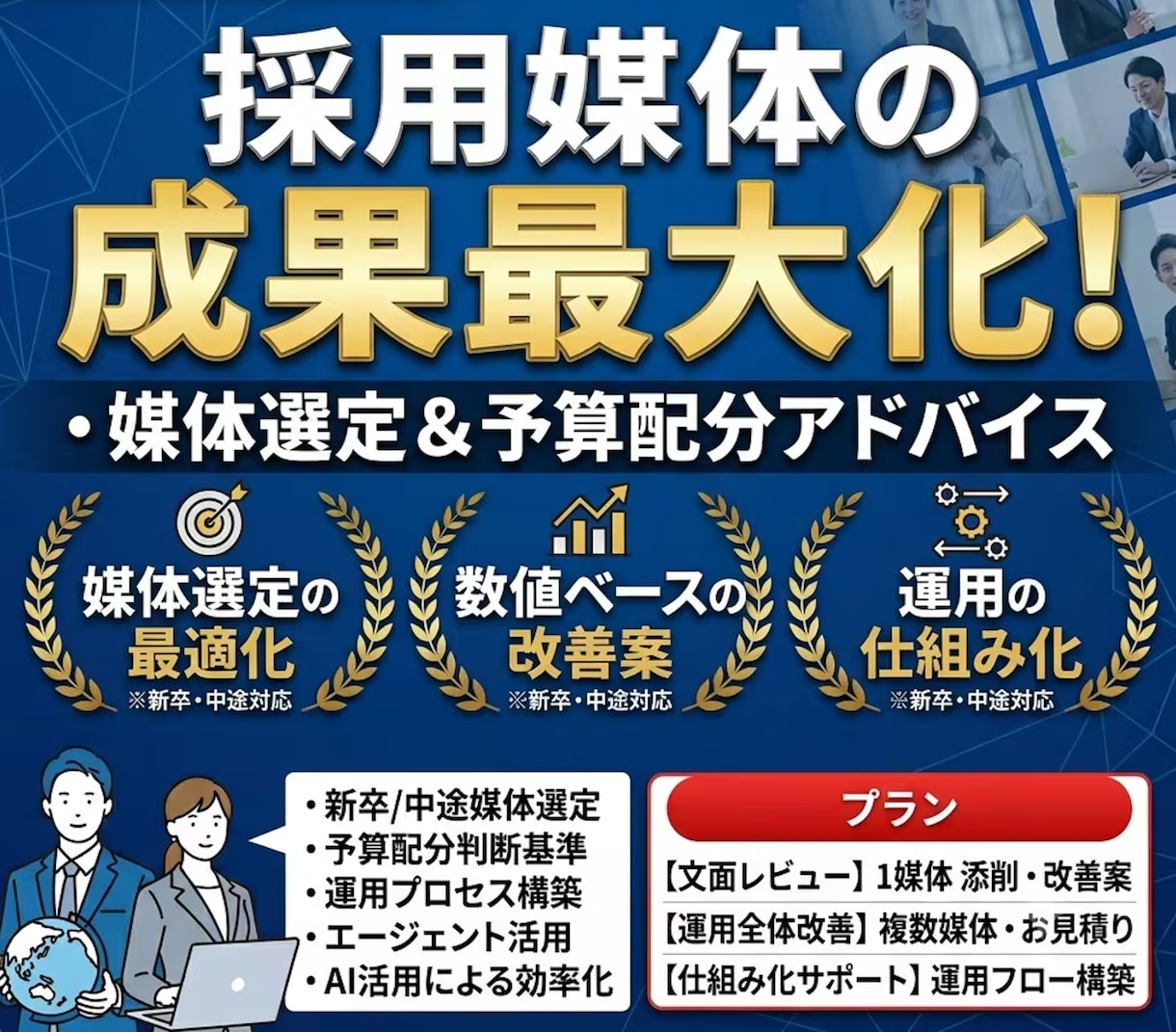 法人様向け：採用媒体の選定・運用・効果改善をします 新卒・中途どちらも対応。媒体選定から効果検証まで提案します！ イメージ1