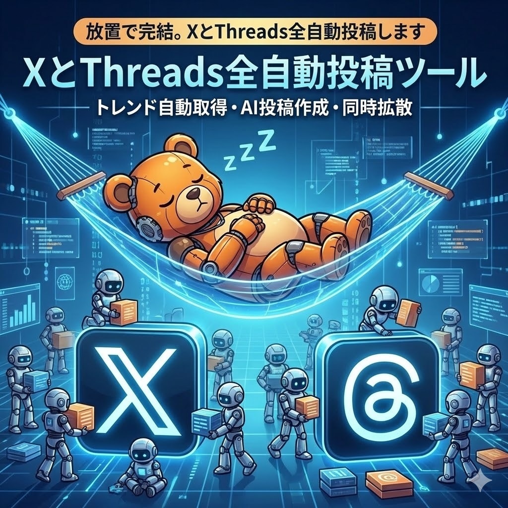 放置で完結。XとThreads全自動投稿します トレンド取得から投稿まで全自動。寝ている間にインプ爆増させる イメージ1