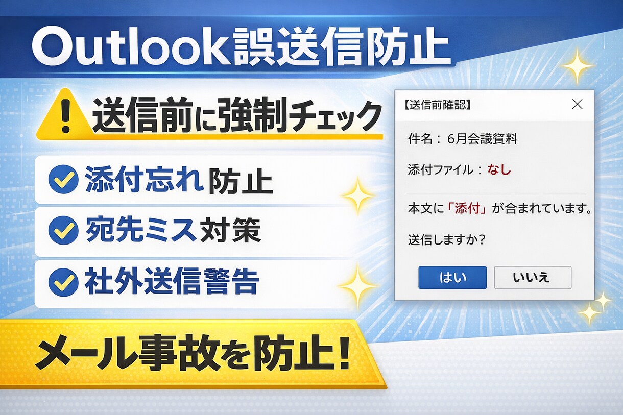 メール事故を未然に防止します 送信前に強制チェック。脱「添付忘れ」「宛先ミス」「社外送信」 イメージ1