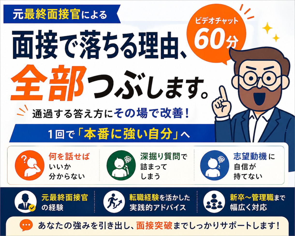 現役面接官が本番同様の就職/転職面接の練習をします 【60分5,000円〜大手メーカー、コンサルなどの内定実績】 イメージ1
