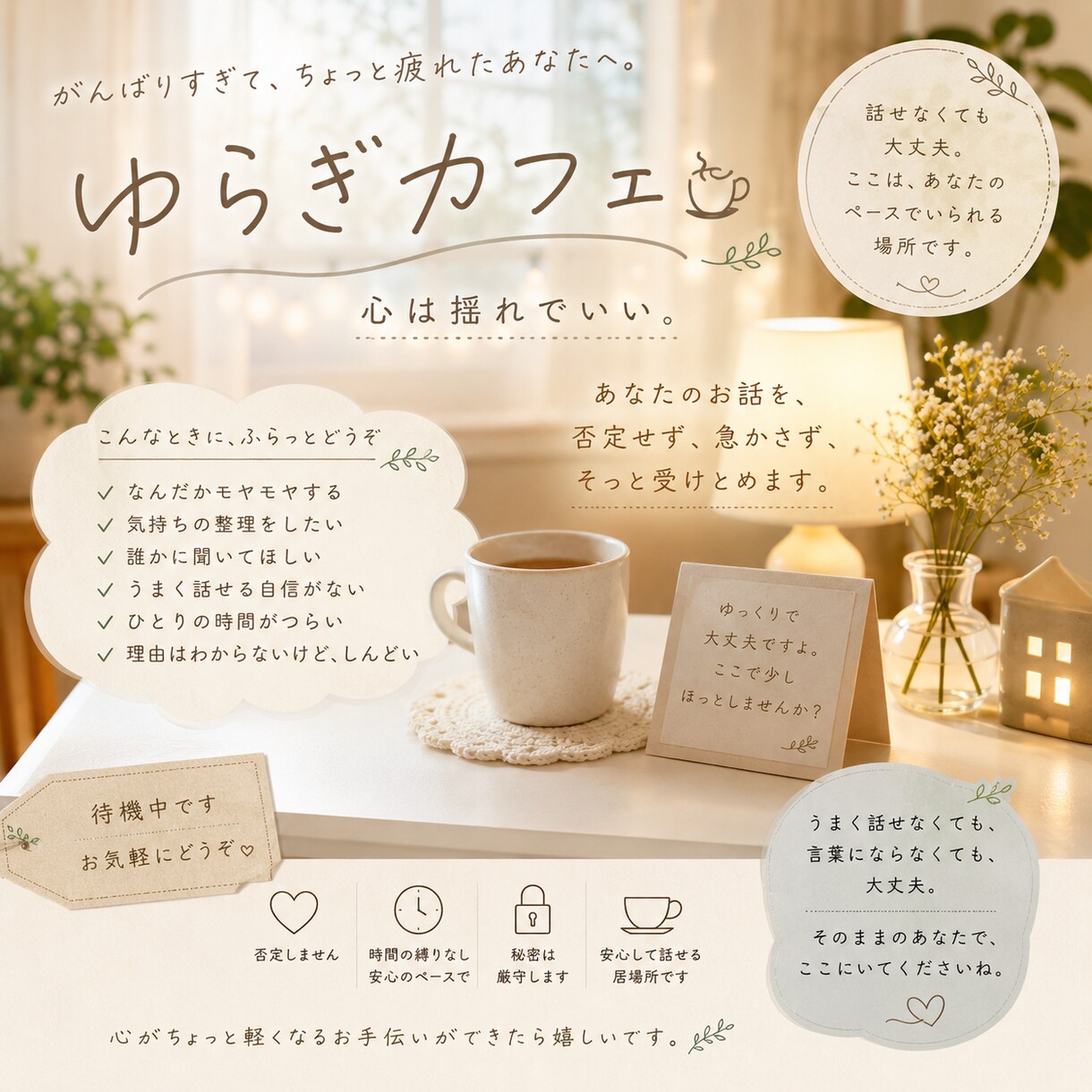 心は揺れていい。やさしくお話をお聴きします 少し立ち止まって話せる、ほっとする場所です☕ イメージ2