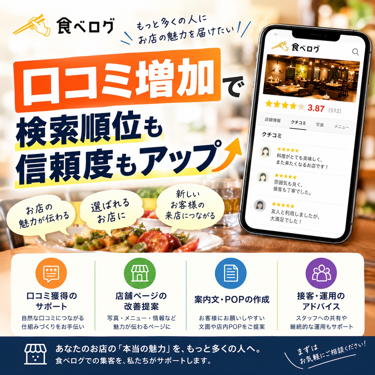食べログ等口コミ増加でお店の検索順位がアップします リアルな口コミで信頼と来店数アップ！ イメージ1