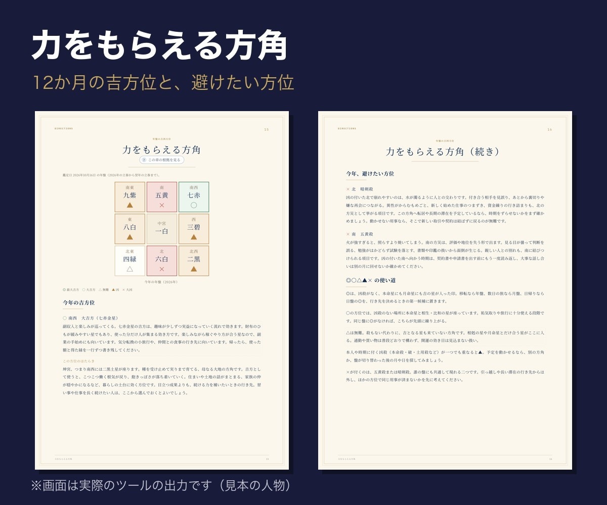 九星気学の鑑定書と方位を自動で出すツール提供します 人物像・吉凶方位・祐気取りカレンダー・年運月運日運まで イメージ6
