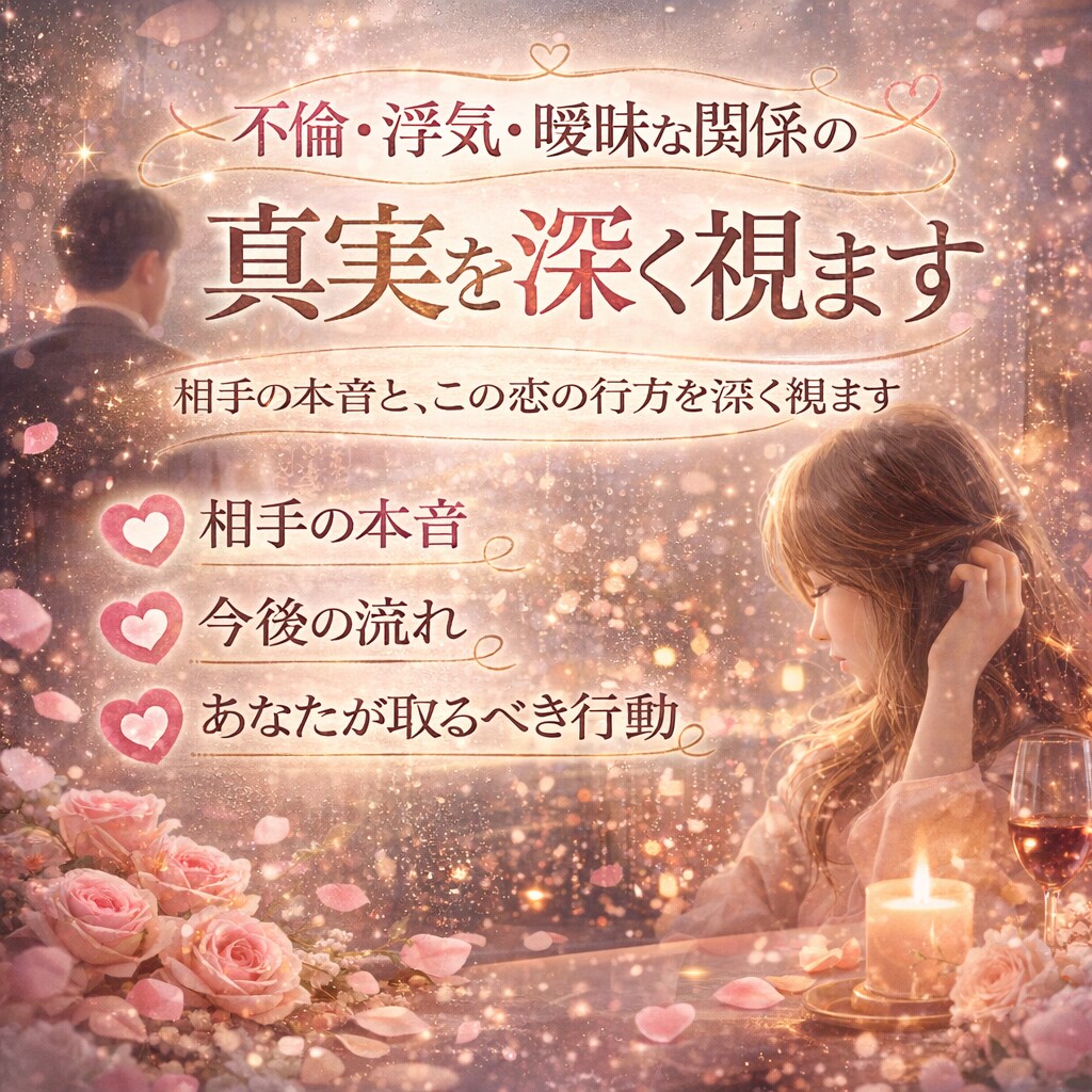 不倫相手の本音とこの関係の結末を霊視します 相手の本気度、今後どうなるか、あなたがどう動くべきかを視ます イメージ1