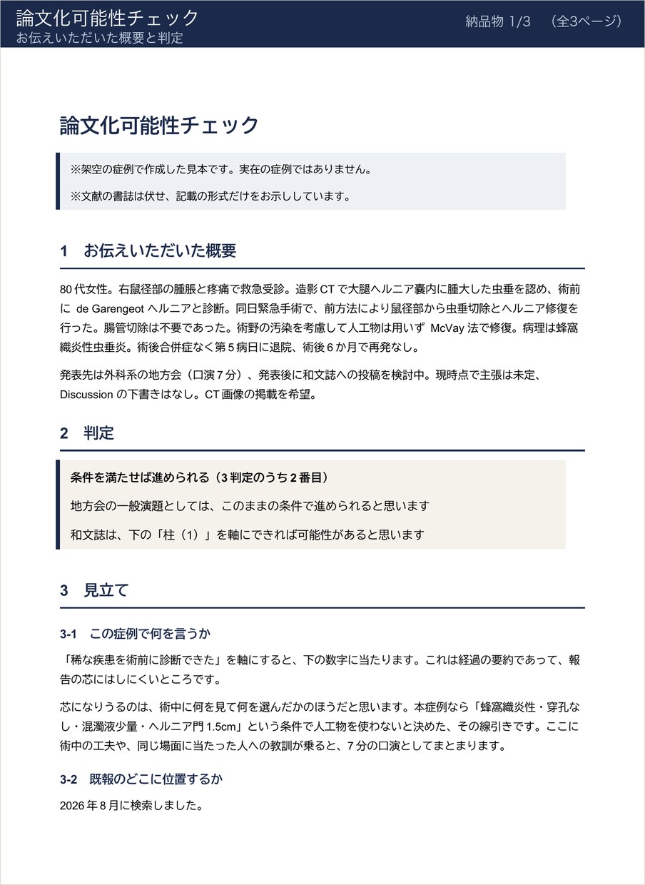 症例が論文か学会発表になるか判定します 書き始める前に、行けるかどうかを考察を交えて返します イメージ4