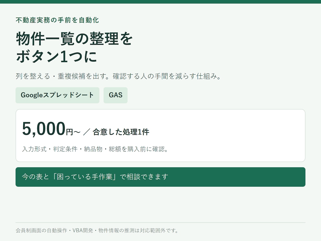 不動産会社の事務作業を自動化ツールにします 物件一覧の整形・重複確認をボタン１つに。完成例つき イメージ1
