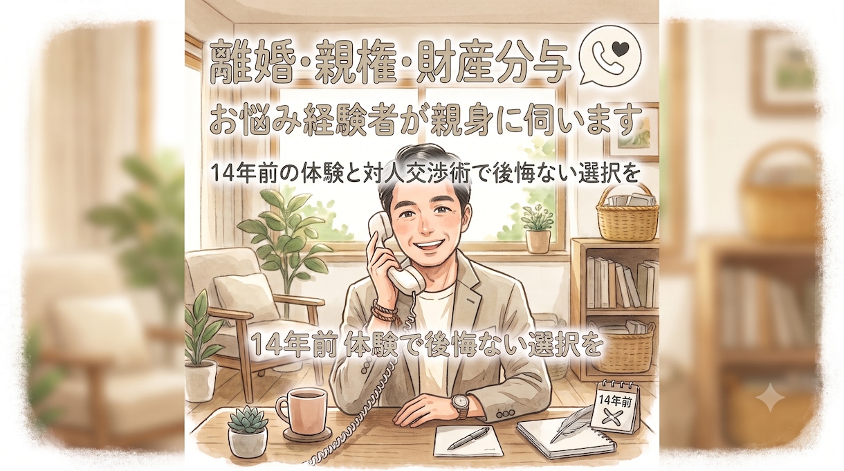 離婚・親権・財産分与のお悩み経験者が親身に伺います 14年前の離婚体験とプロの対人交渉術で後悔ない選択を支えます イメージ1
