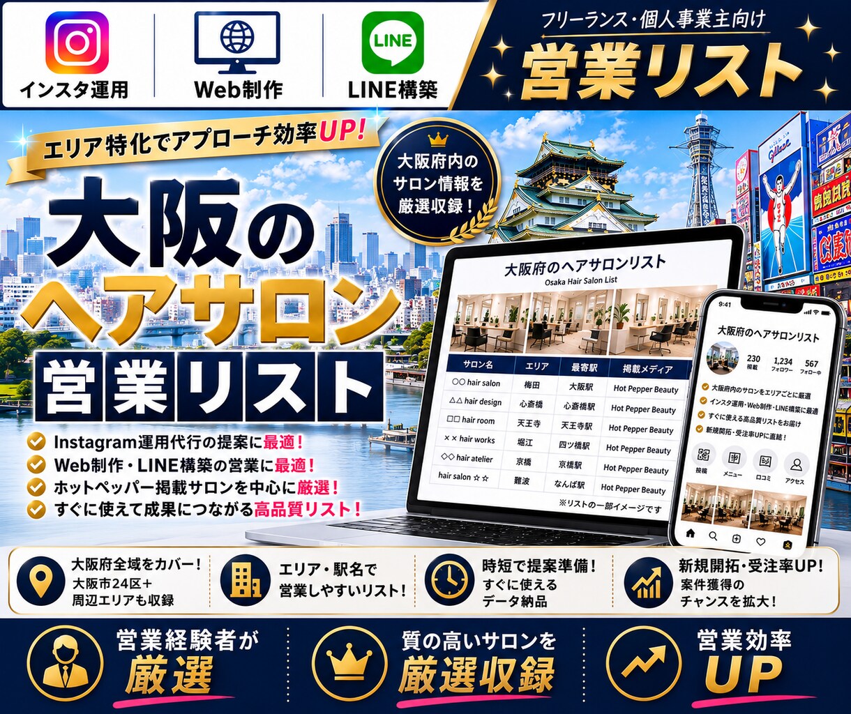 営業しやすい大阪府のヘアサロンリストを売ります インスタ運用・Web制作・LINE構築向け厳選リスト① イメージ1