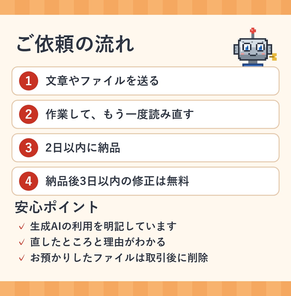 文章校正｜誤字を直し、読みやすく整えます ブログ・説明文・メールの誤字と言い回しを整えます イメージ2