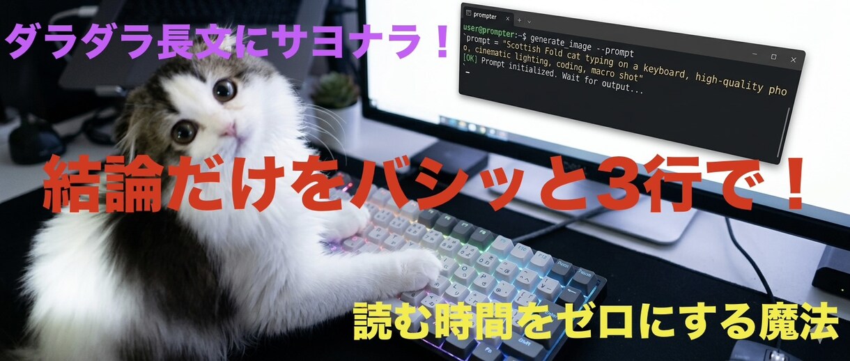 AIのダラダラ長文を3行に要約する命令文教えます 中卒の俺でも毎日使えている！長文をバシッと3行に要約します イメージ1