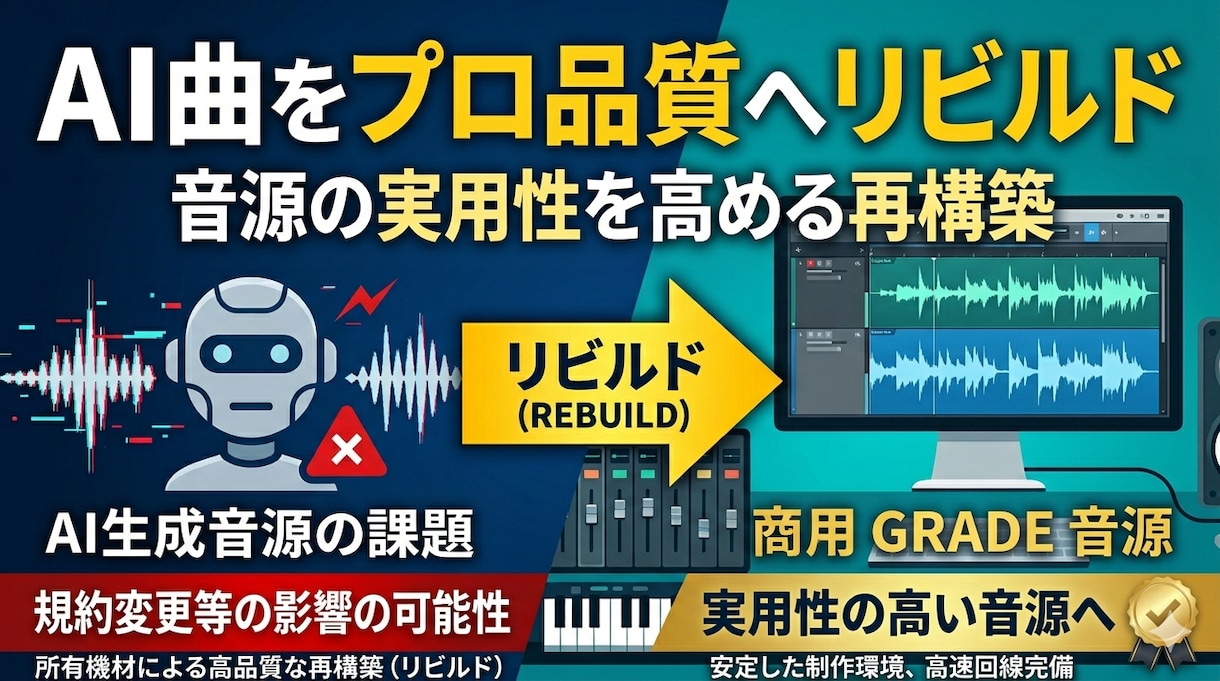 AI楽曲の商用利用リスク対策、再構築で支援します AIのアイデアを実用的な音源へ。権利と音質の向上をサポート。 イメージ1