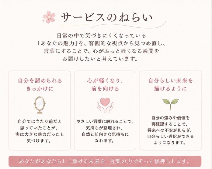 2000字超◇あなたの魅力をやさしく言語化します HSP気質の現役ライターが、あなたの魅力を丁寧に言葉にします イメージ2