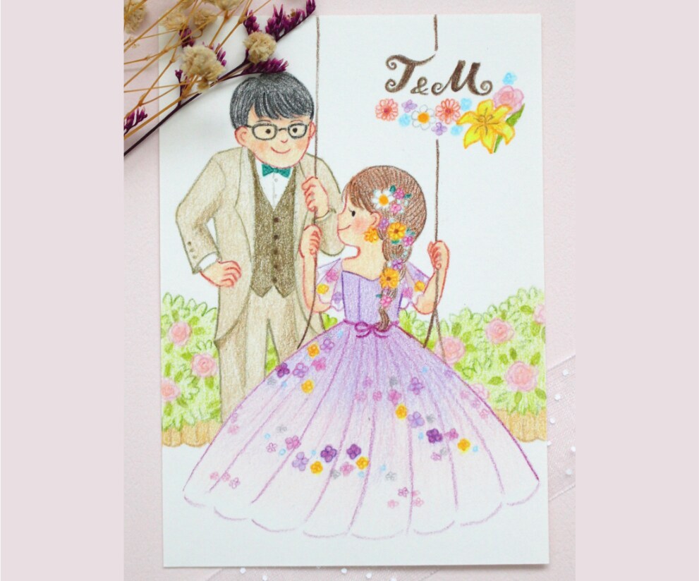 色鉛筆で絵本タッチのウェディングイラスト作成します 背景基本無料&下書き修正何回でも◎原画とデータどちらも納品！ イメージ4