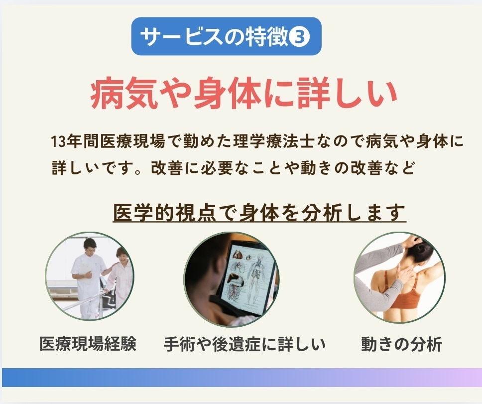理学療法士が姿勢を分析！あなたに合う運動を提案ます 肩こり/腰痛の原因分析、健康的な姿勢改善、ダイエット法を提案 イメージ5