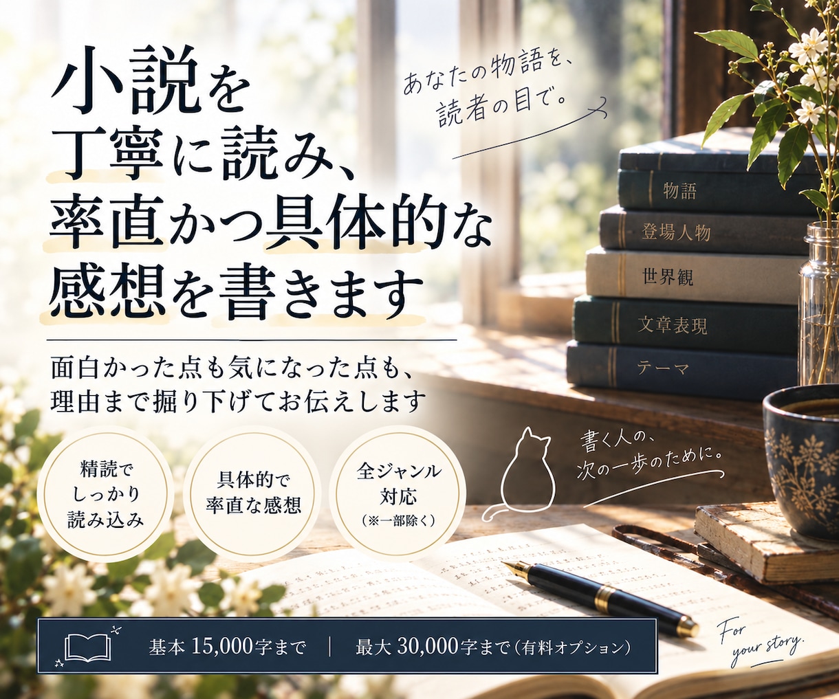 小説を丁寧に読み、率直かつ具体的な感想を書きます 面白かった点も気になった点も、理由まで掘り下げてお伝えします イメージ1