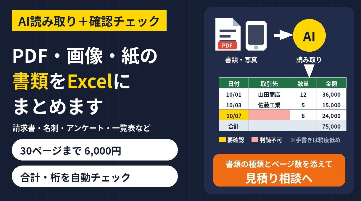 PDF・画像・紙の書類をAIでExcelにします 合計・桁の自動チェックと要確認箇所の色分けつき イメージ1
