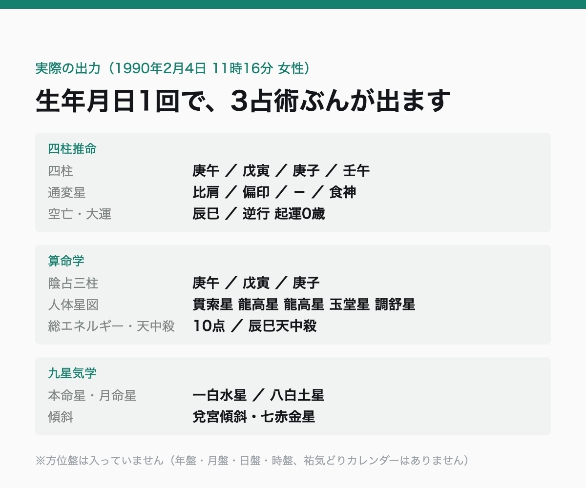 総合運を読む材料を命式1枚にまとめます 四柱推命・算命学・九星気学を同時に｜Excel不要 イメージ2
