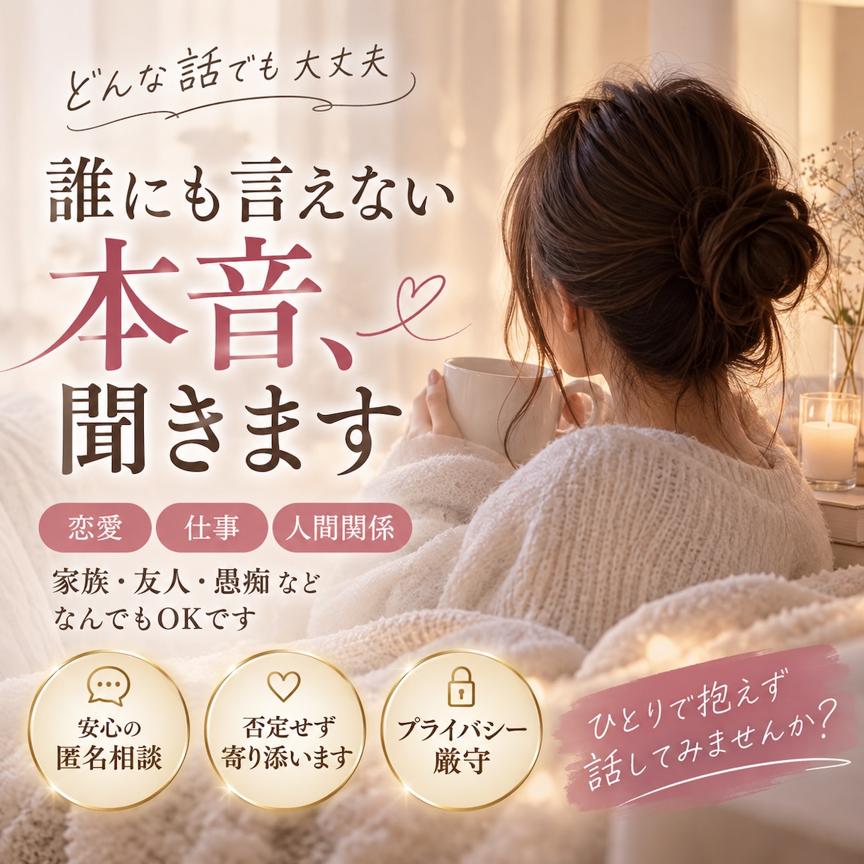 誰にも言えない本音、否定せずに聞きます 恋愛・職場・家族・人間関係・日々の愚痴 イメージ1