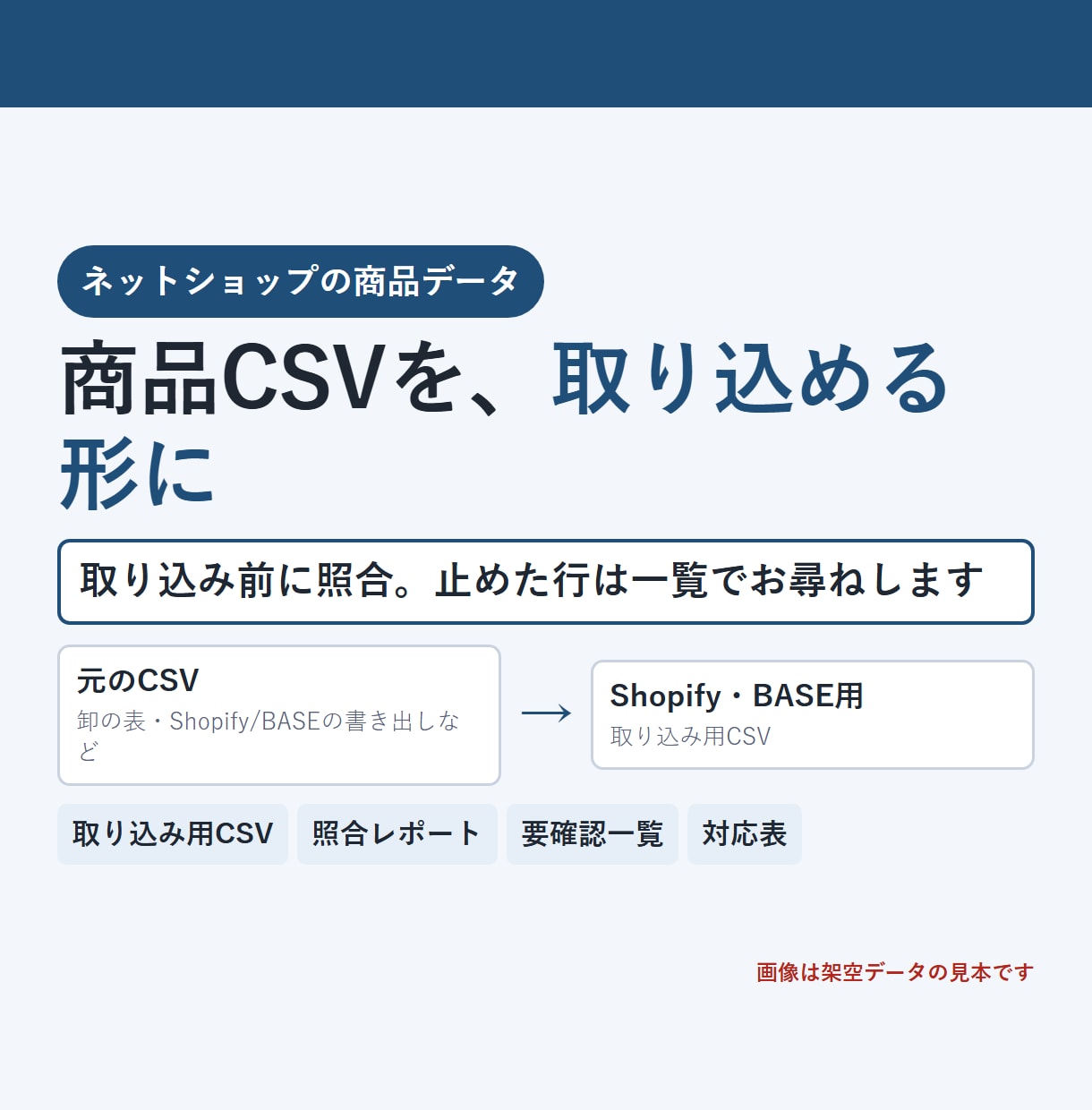 商品CSVをShopify・BASE用に変換します 取り込み前に照合し、エラーの原因を一覧でお尋ねします イメージ1