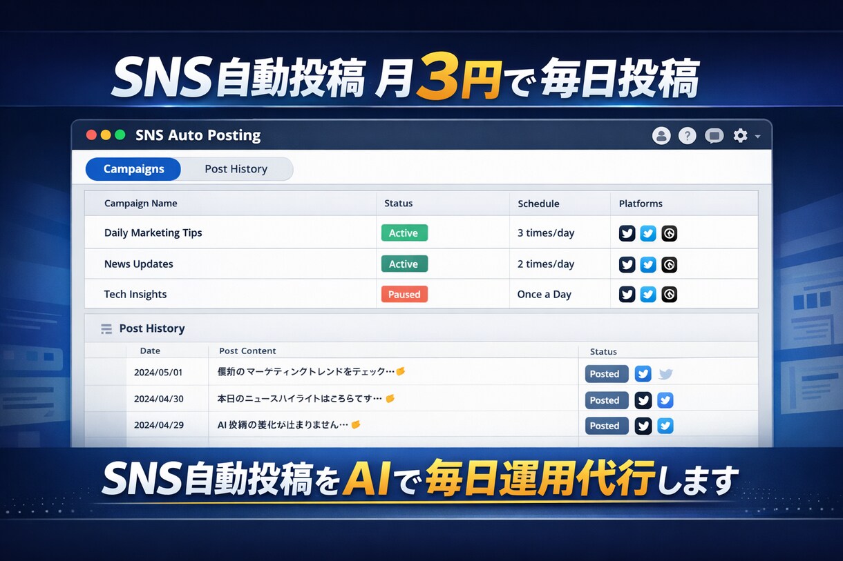 SNS自動投稿をAIで毎日運用代行します XとThreadsに毎日AIが自動投稿する仕組みを構築。 イメージ1