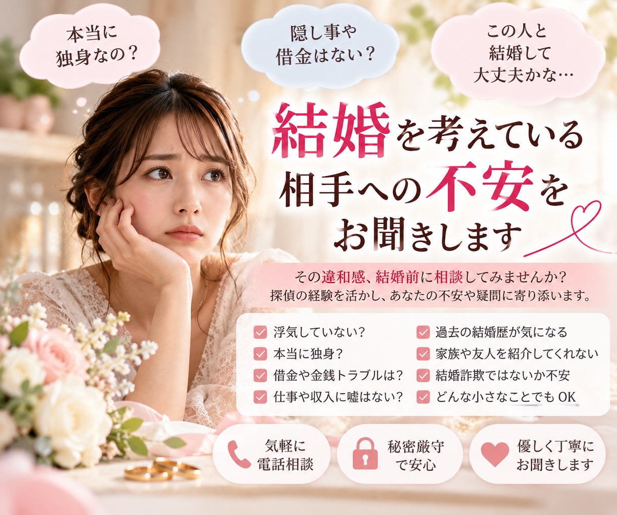 結婚を考えている相手への不安をお聞きします 探偵の経験を活かし、結婚前の不安に寄り添います イメージ1