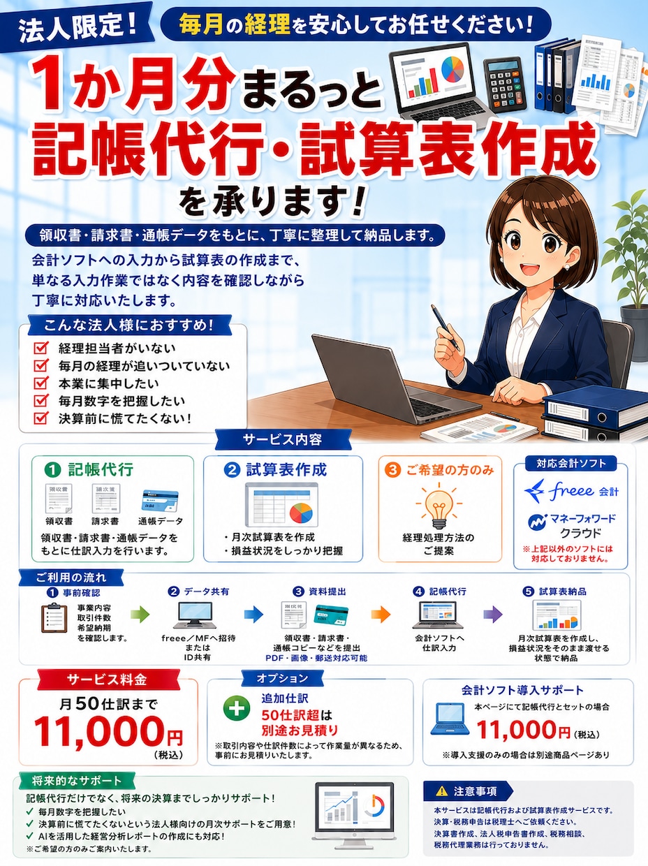 法人様向け！1か月分の記帳代行・試算表作成行います ※freee・マネーフォワードのみの対応となっております イメージ1
