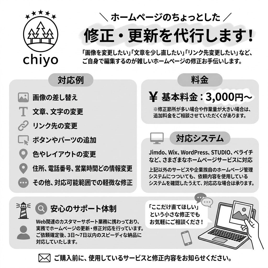 ホームページのちょっとした修正・更新を代行します 画像・文章・リンク変更など、HPの軽微な修正を承ります。 イメージ1