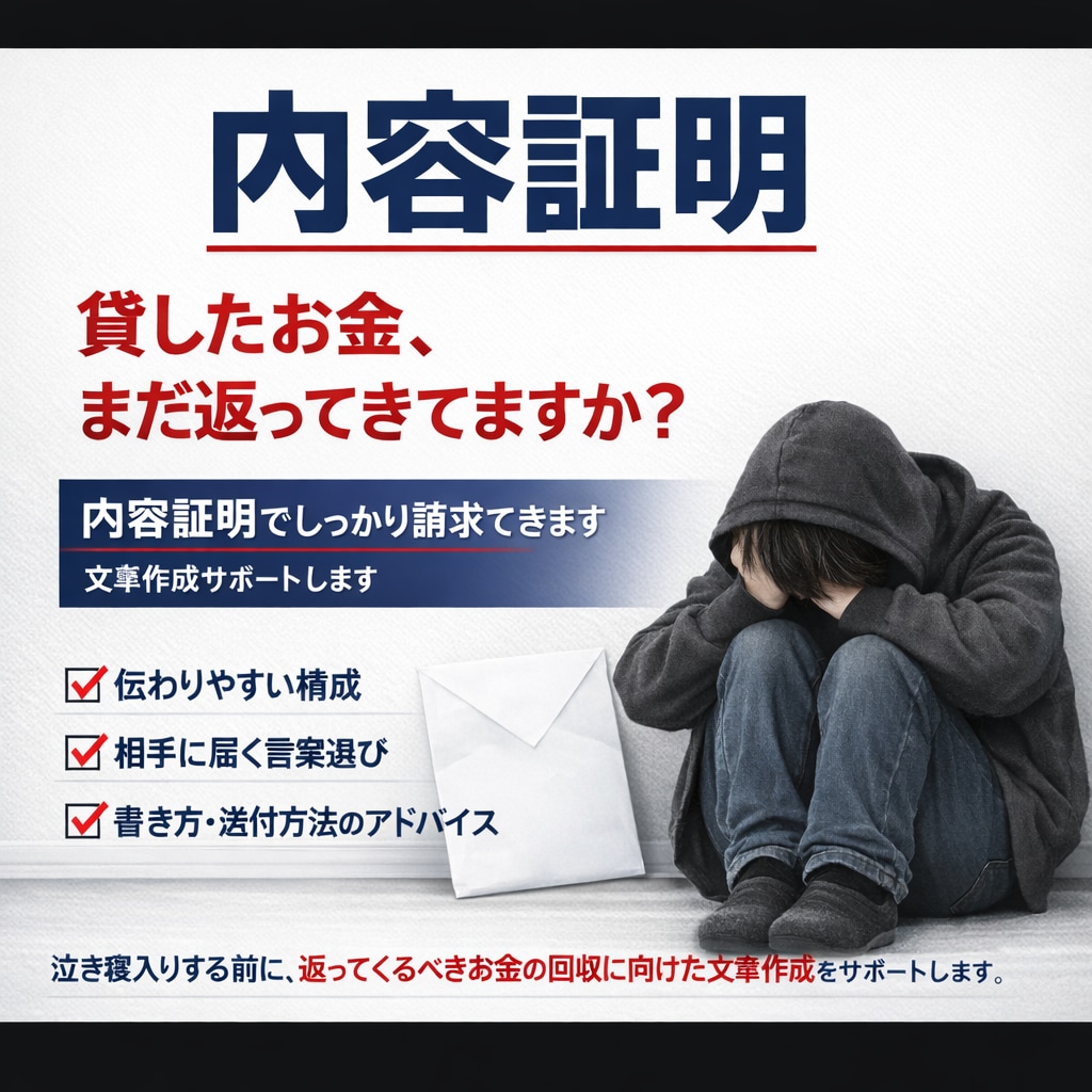 貸金トラブルの内容証明作成サポートします 未払い・貸金トラブルに実務対応のサポートします｜即対応可 イメージ1