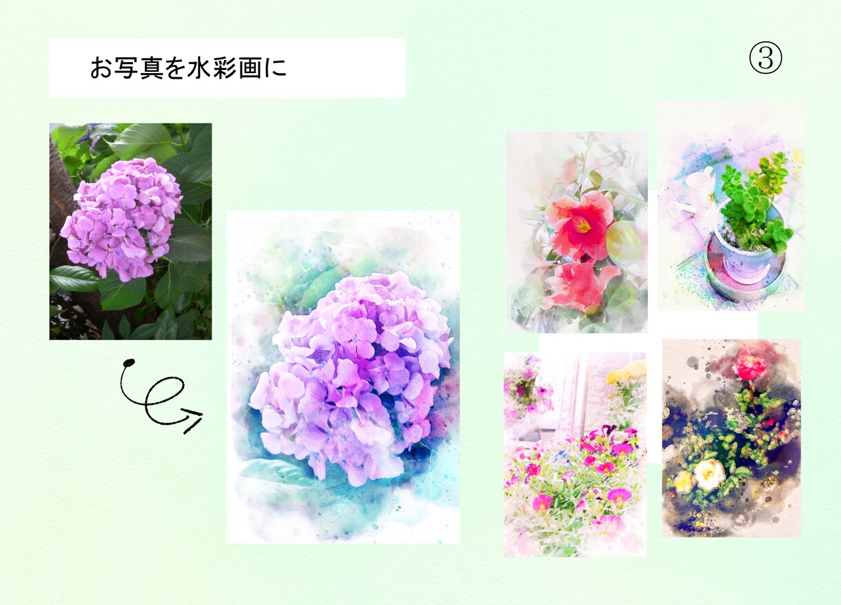 お写真を水彩画にします 思い出を、もっと色鮮やかにいたします。 イメージ3