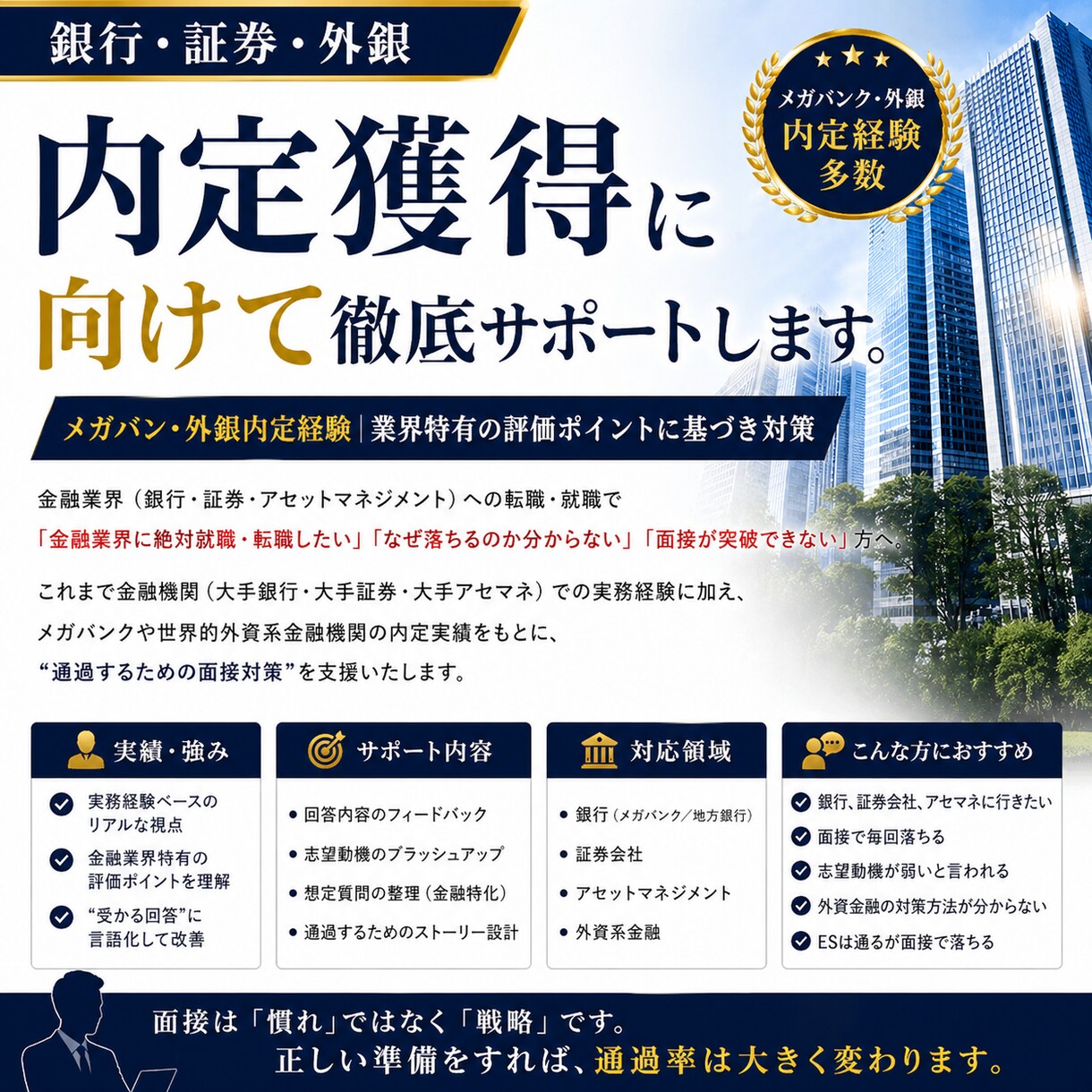 銀行・証券・外銀｜内定獲得まで徹底サポートします メガバン・外銀内定経験｜業界特有の評価ポイントに基づき対策 イメージ1