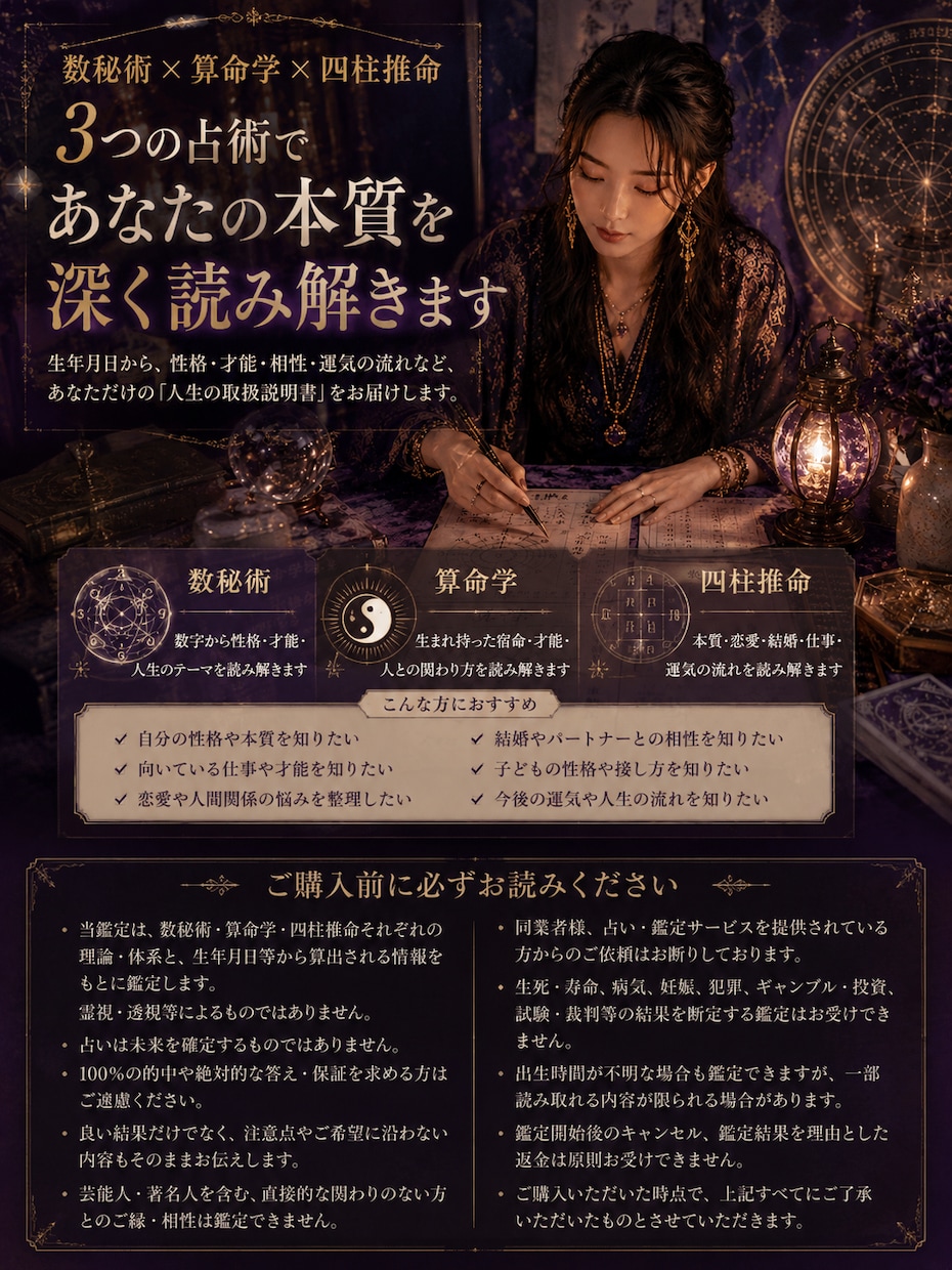 ３つの占術であなたの本質を紐解きます 対面鑑定歴10年の現役占い師が鑑定いたします イメージ1