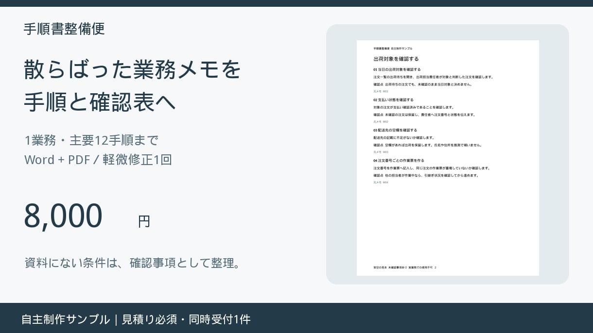 業務メモを手順書と確認表に整えます 1業務12手順まで・WordとPDFで納品 イメージ1