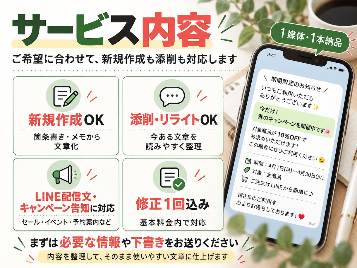 LINE配信・キャンペーン告知文を作成しますます 販促実務経験を活かし、読みやすい文章に整えます イメージ3
