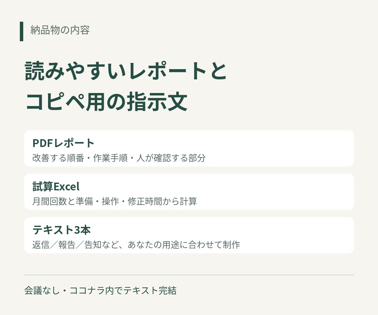 事務用ChatGPTプロンプト3本作ります 個人事業主のメール・報告書に。改善案と試算付き／会議なし イメージ2