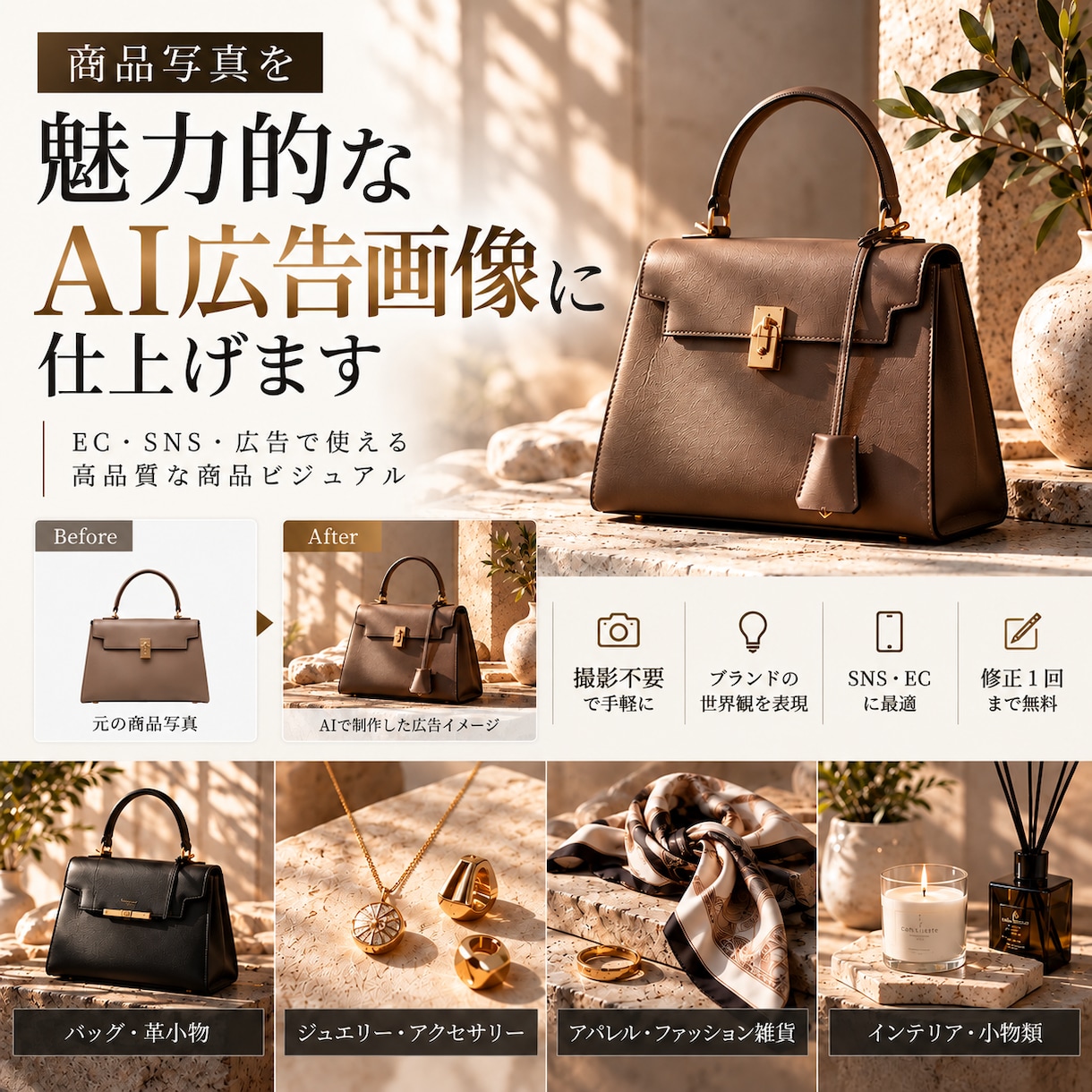 商品写真を魅力的なAI広告画像に仕上げますます 撮影不要で高級感のある商品ビジュアルを制作 イメージ1