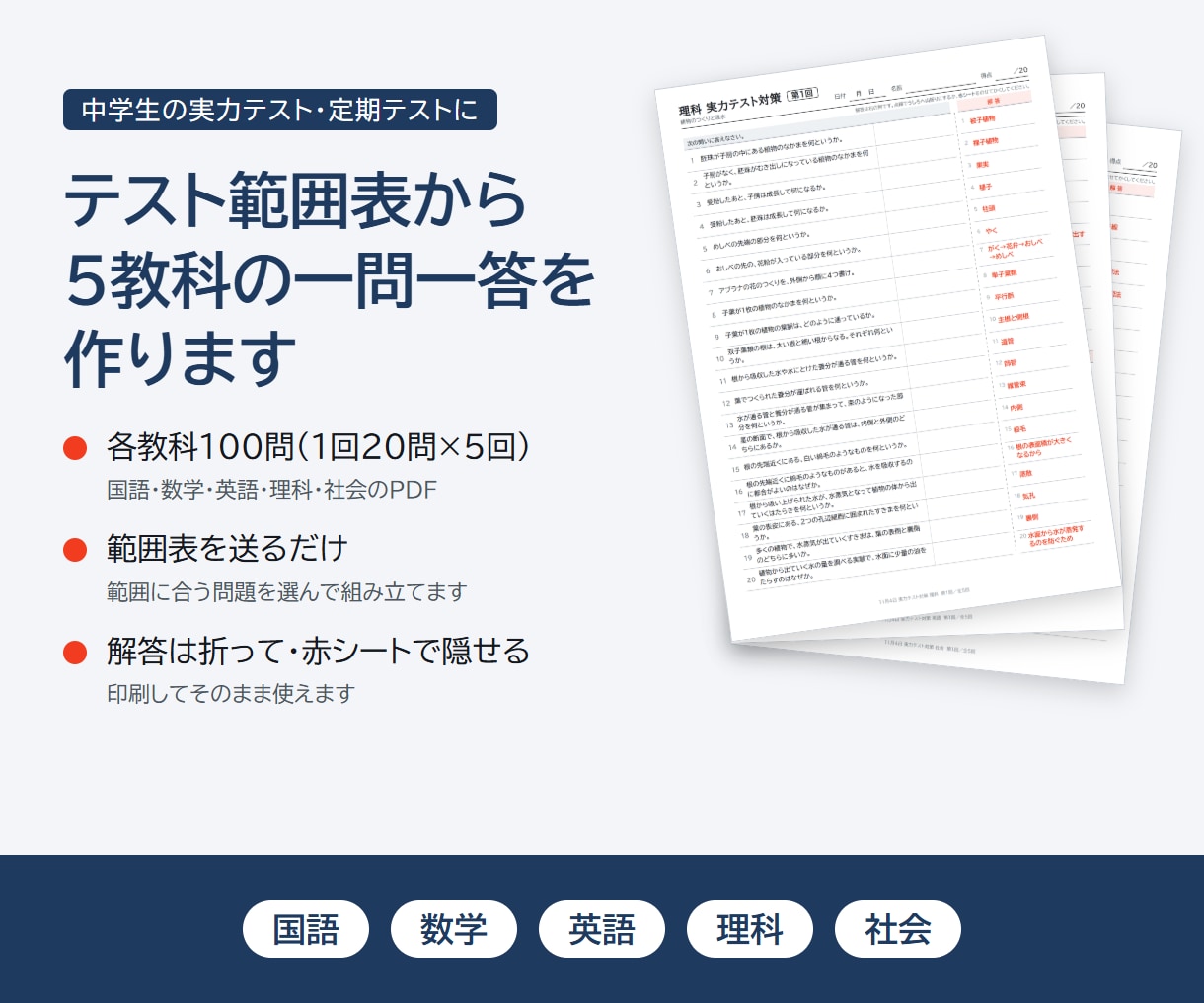 テスト範囲表から5教科の一問一答を作ります 各教科100問の確認プリントをPDFでお届け イメージ1