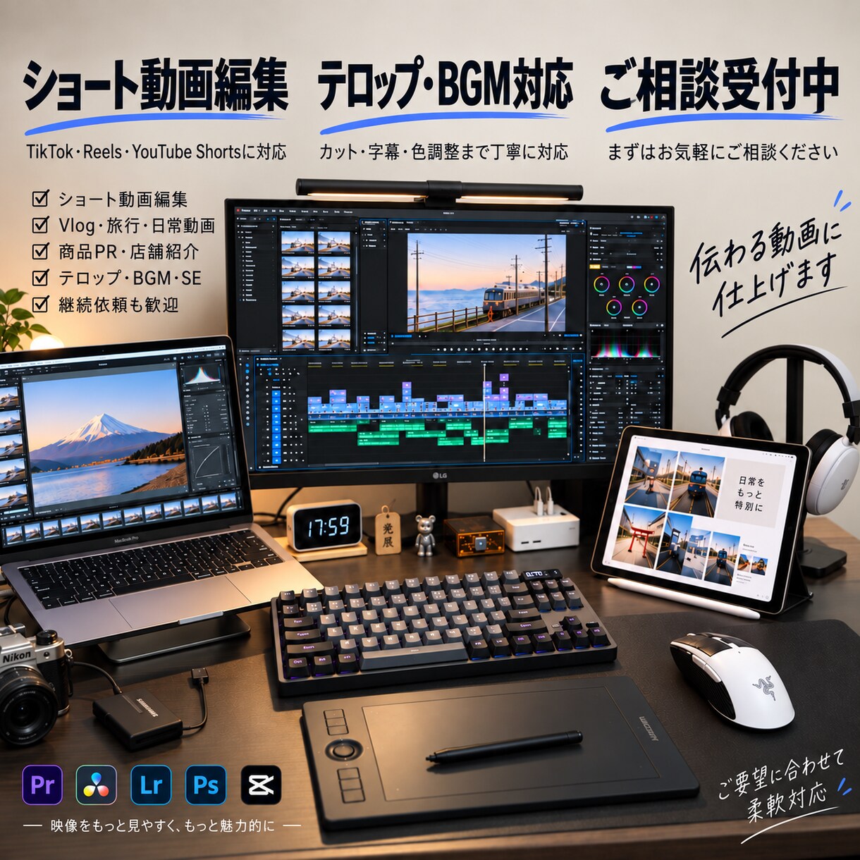 ショート動画・Vlog・SNS動画を編集します カット・字幕・BGM・色調整まで対応 イメージ1