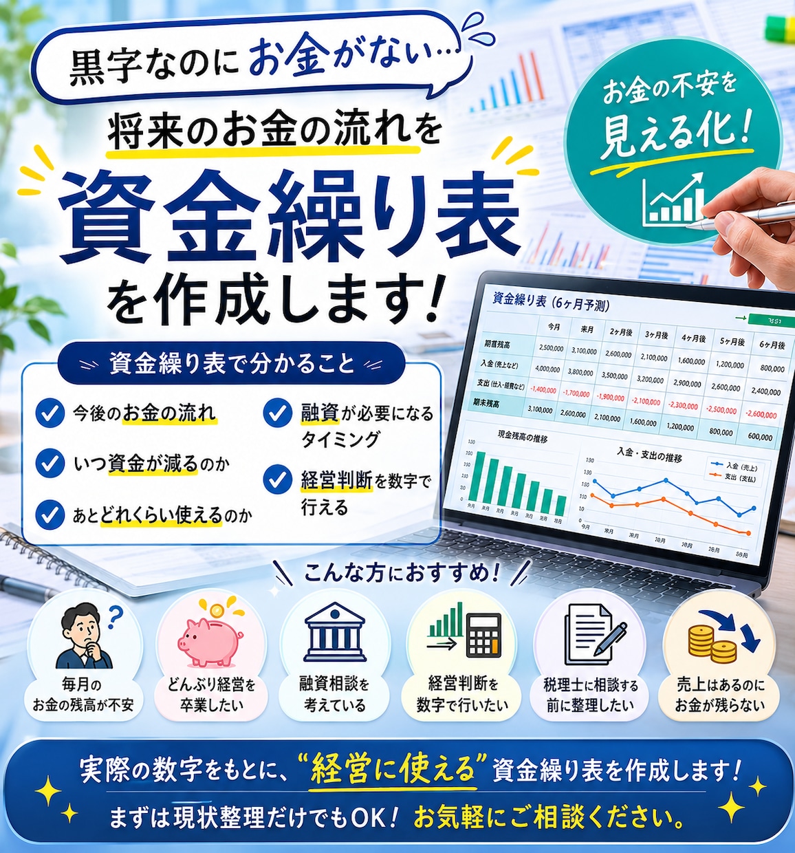 お金の不安を見える化!銀行提出資金繰表を作成します 会計事務所23年のベテランがスピード対応！「銀行相談前に◎」 イメージ2